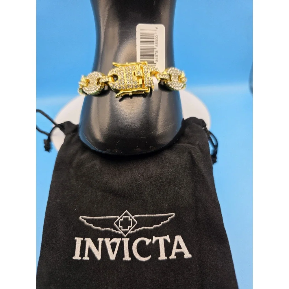 NEW‎ Invicta Elements Men's Iced out Cuban Chain Bracelet, Gold (80844) #0328
